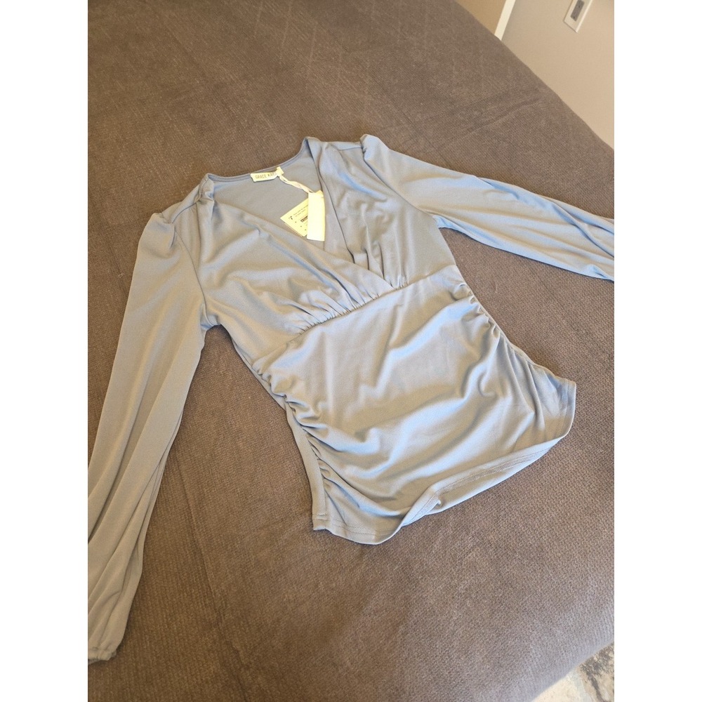 Grace Karin Women Long Sleeve Light Jersey Blouse Sz M Gathered sides V neck NWT